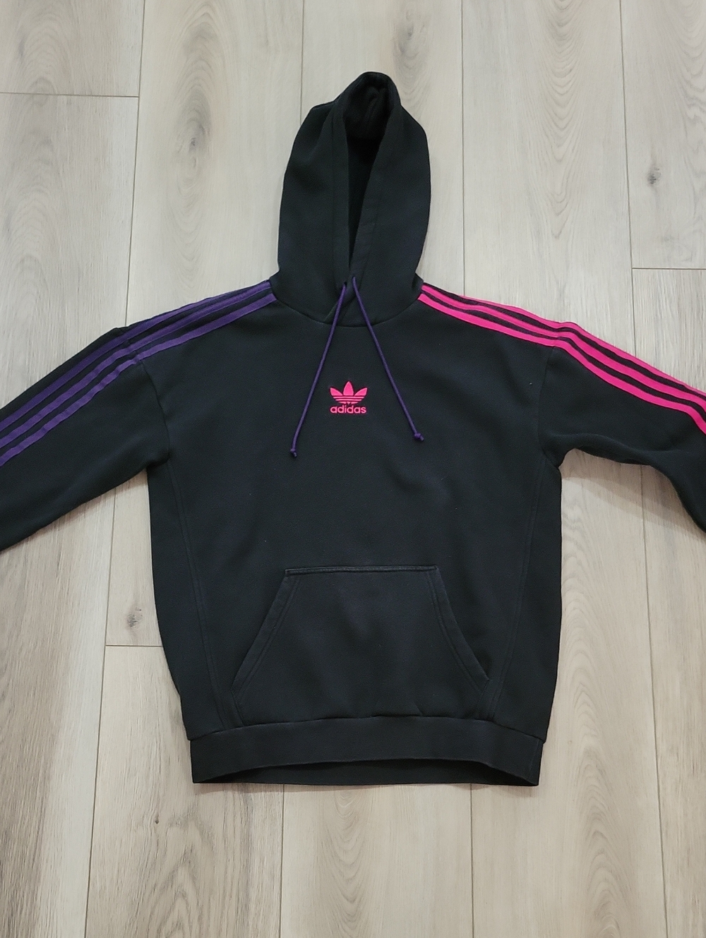 adidas Black Crewneck Hoodie with Pink & Purple Stripes